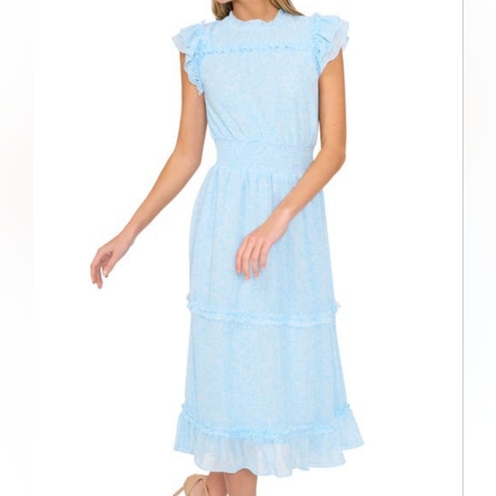 CeCe Light Blue Ruffle Trim Midi Dress Size Medium Nwot